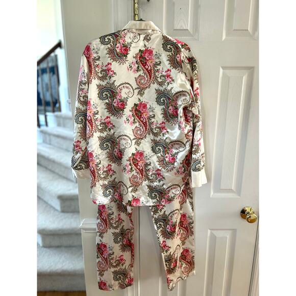 Vintage 90s Cream White Pink Floral Paisley Satin Double Breasted Pajama Set - Picture 3 of 12